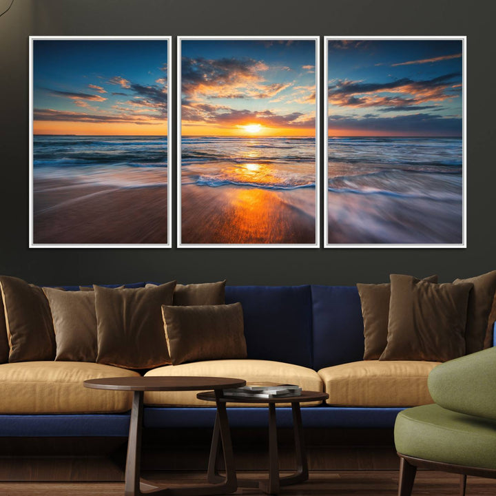 72719-MGV-FC-60X30-3P_White-Sunset on the Ocean Beach with Waves, Reflections on Sand, Coastal Wall Art Print, Beach Wall Art, Ocean Sunset Canvas, Seascape Giclee