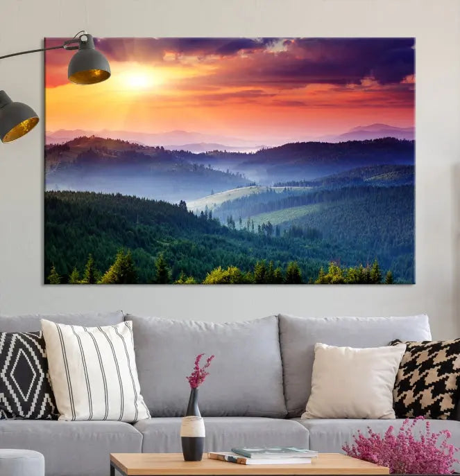 The living room is highlighted by the Sunset over Mountain Forest Canvas Wall Art – Triptych Nature Landscape for Living Room – Ready to Hang.