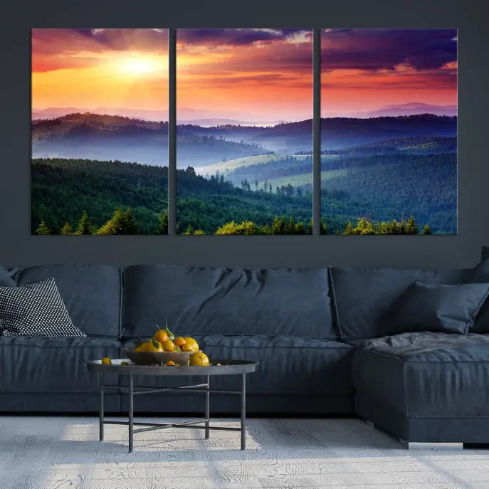 The living room is highlighted by the Sunset over Mountain Forest Canvas Wall Art – Triptych Nature Landscape for Living Room – Ready to Hang.