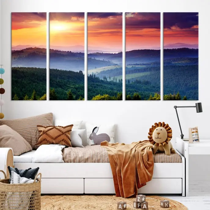 The living room is highlighted by the Sunset over Mountain Forest Canvas Wall Art – Triptych Nature Landscape for Living Room – Ready to Hang.