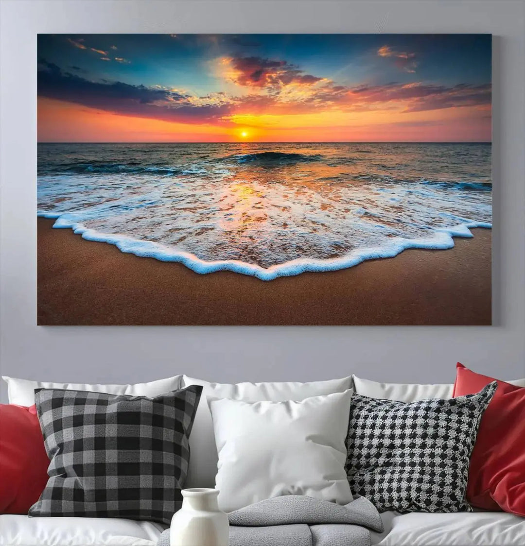 The "Sunset with Calm Waves on the Beach" wall art canvas print, featuring a colorful sunset over the ocean and designed with a UV-protective coating for museum-quality preservation, is prominently displayed.