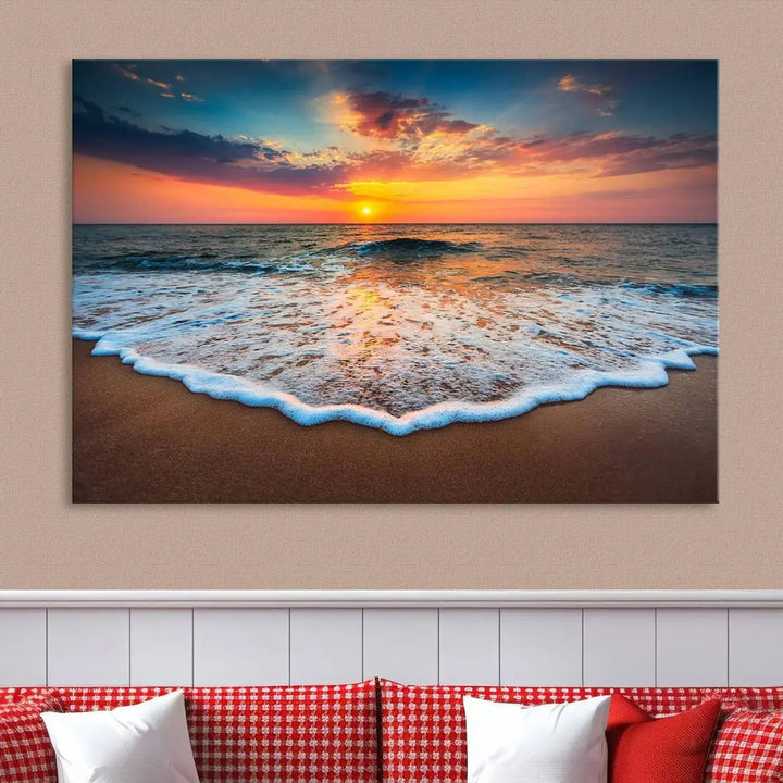 The "Sunset with Calm Waves on the Beach" wall art canvas print, featuring a colorful sunset over the ocean and designed with a UV-protective coating for museum-quality preservation, is prominently displayed.