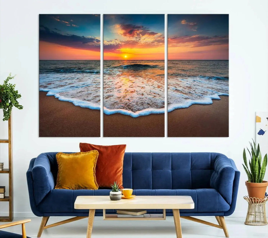 The "Sunset with Calm Waves on the Beach" wall art canvas print, featuring a colorful sunset over the ocean and designed with a UV-protective coating for museum-quality preservation, is prominently displayed.