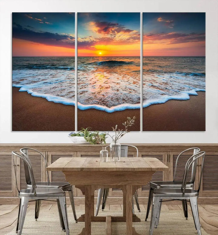 The "Sunset with Calm Waves on the Beach" wall art canvas print, featuring a colorful sunset over the ocean and designed with a UV-protective coating for museum-quality preservation, is prominently displayed.