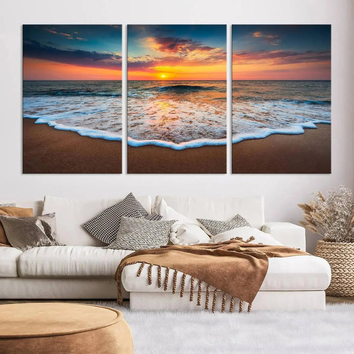 The "Sunset with Calm Waves on the Beach" wall art canvas print, featuring a colorful sunset over the ocean and designed with a UV-protective coating for museum-quality preservation, is prominently displayed.