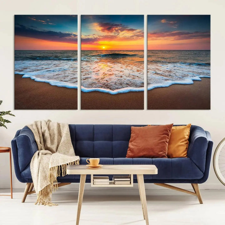 The "Sunset with Calm Waves on the Beach" wall art canvas print, featuring a colorful sunset over the ocean and designed with a UV-protective coating for museum-quality preservation, is prominently displayed.