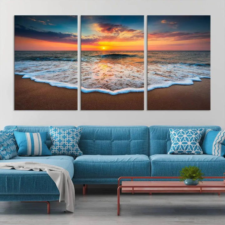 The "Sunset with Calm Waves on the Beach" wall art canvas print, featuring a colorful sunset over the ocean and designed with a UV-protective coating for museum-quality preservation, is prominently displayed.