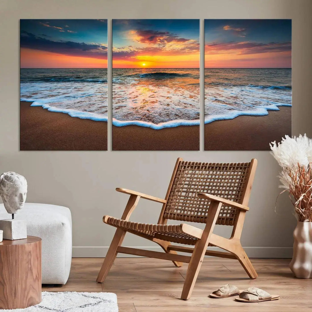 The "Sunset with Calm Waves on the Beach" wall art canvas print, featuring a colorful sunset over the ocean and designed with a UV-protective coating for museum-quality preservation, is prominently displayed.