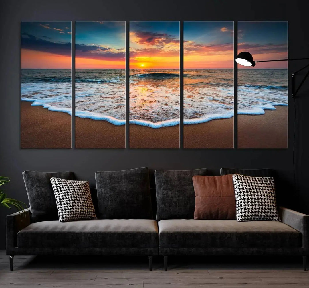 The "Sunset with Calm Waves on the Beach" wall art canvas print, featuring a colorful sunset over the ocean and designed with a UV-protective coating for museum-quality preservation, is prominently displayed.