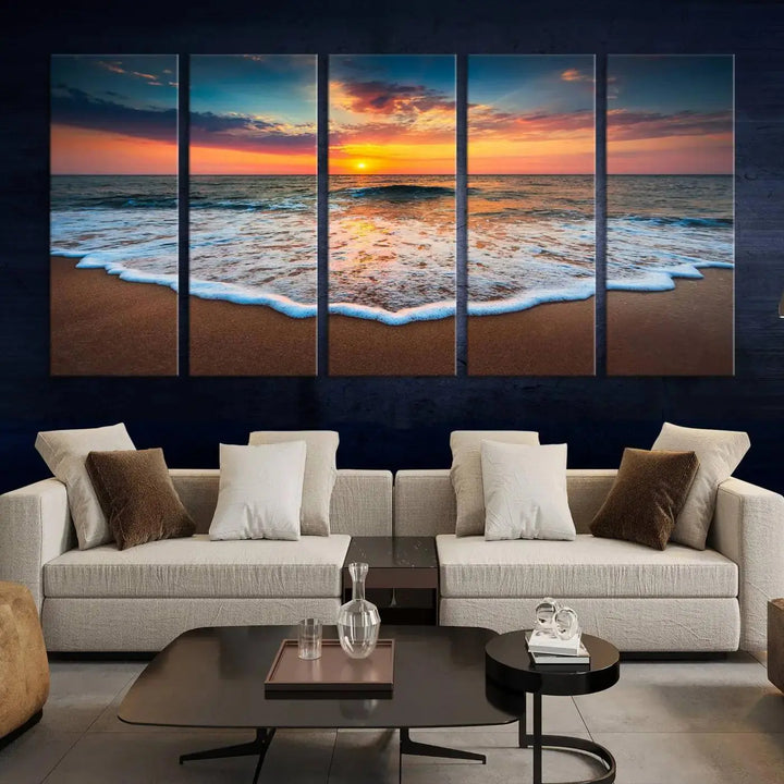 The "Sunset with Calm Waves on the Beach" wall art canvas print, featuring a colorful sunset over the ocean and designed with a UV-protective coating for museum-quality preservation, is prominently displayed.