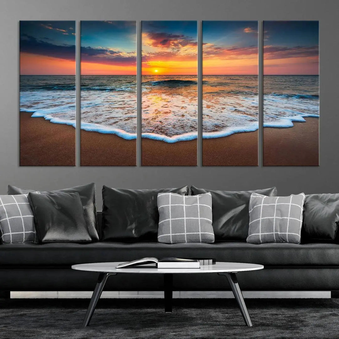 The "Sunset with Calm Waves on the Beach" wall art canvas print, featuring a colorful sunset over the ocean and designed with a UV-protective coating for museum-quality preservation, is prominently displayed.