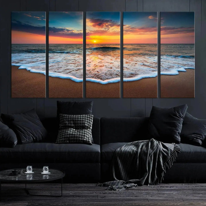 The "Sunset with Calm Waves on the Beach" wall art canvas print, featuring a colorful sunset over the ocean and designed with a UV-protective coating for museum-quality preservation, is prominently displayed.