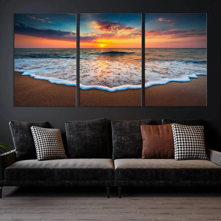 The "Sunset with Calm Waves on the Beach" wall art canvas print, featuring a colorful sunset over the ocean and designed with a UV-protective coating for museum-quality preservation, is prominently displayed.