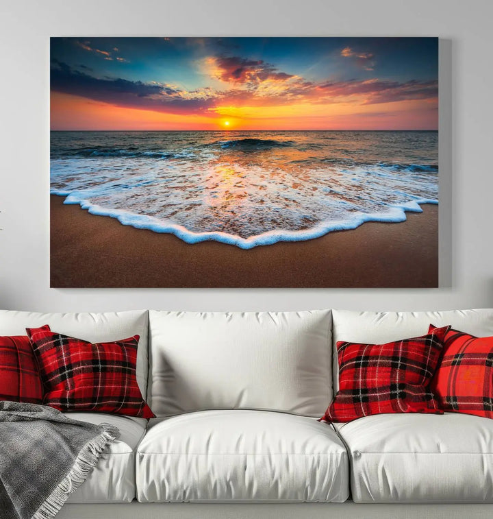 The "Sunset with Calm Waves on the Beach" wall art canvas print, featuring a colorful sunset over the ocean and designed with a UV-protective coating for museum-quality preservation, is prominently displayed.