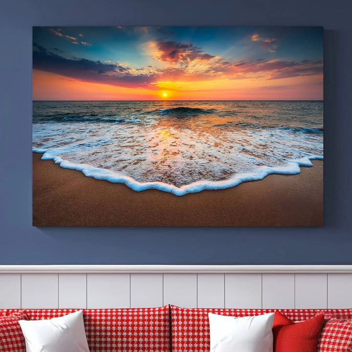 The "Sunset with Calm Waves on the Beach" wall art canvas print, featuring a colorful sunset over the ocean and designed with a UV-protective coating for museum-quality preservation, is prominently displayed.