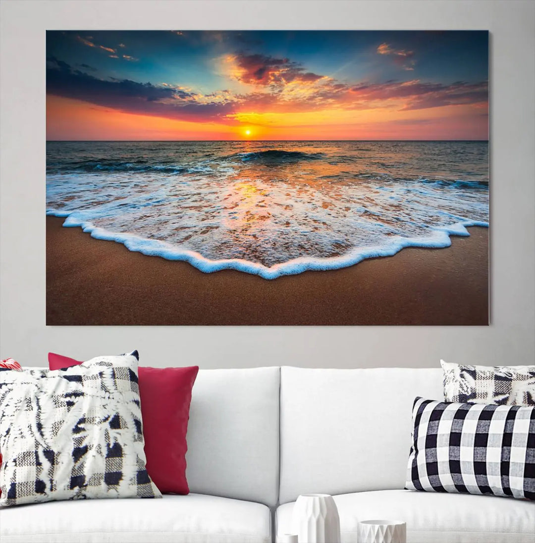 The "Sunset with Calm Waves on the Beach" wall art canvas print, featuring a colorful sunset over the ocean and designed with a UV-protective coating for museum-quality preservation, is prominently displayed.