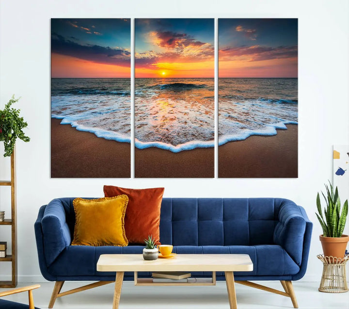 The "Sunset with Calm Waves on the Beach" wall art canvas print, featuring a colorful sunset over the ocean and designed with a UV-protective coating for museum-quality preservation, is prominently displayed.