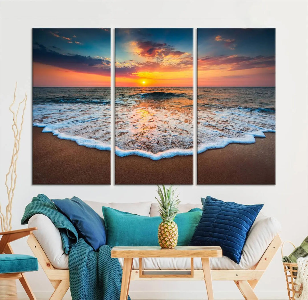 The "Sunset with Calm Waves on the Beach" wall art canvas print, featuring a colorful sunset over the ocean and designed with a UV-protective coating for museum-quality preservation, is prominently displayed.