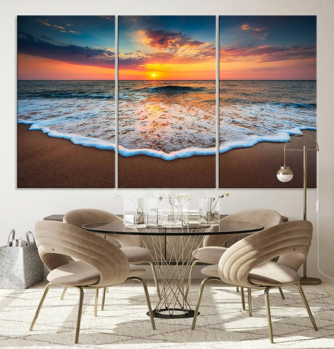 The "Sunset with Calm Waves on the Beach" wall art canvas print, featuring a colorful sunset over the ocean and designed with a UV-protective coating for museum-quality preservation, is prominently displayed.