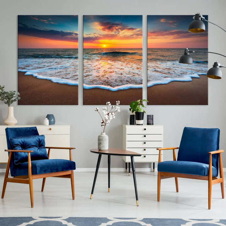 The "Sunset with Calm Waves on the Beach" wall art canvas print, featuring a colorful sunset over the ocean and designed with a UV-protective coating for museum-quality preservation, is prominently displayed.