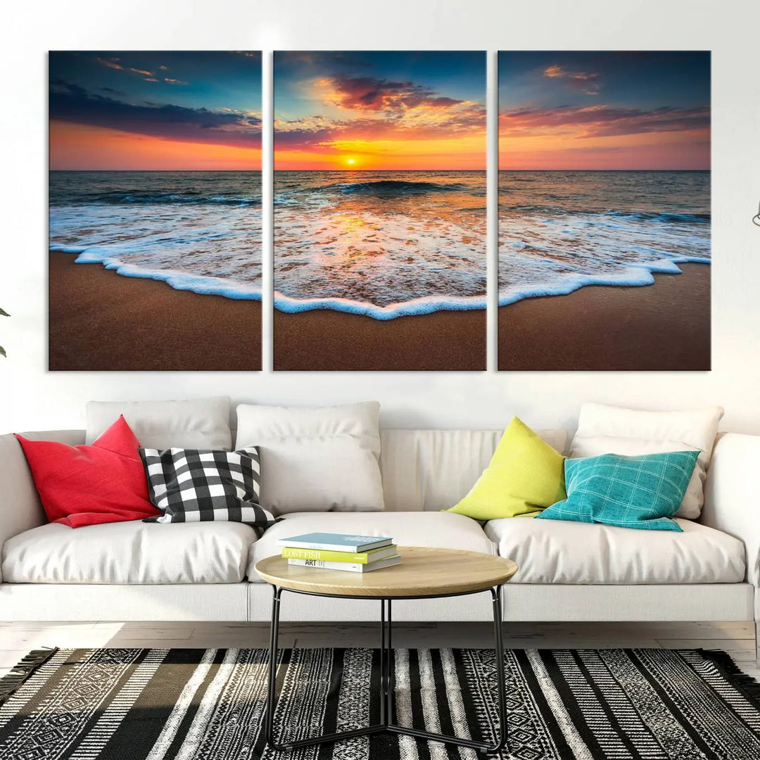 The "Sunset with Calm Waves on the Beach" wall art canvas print, featuring a colorful sunset over the ocean and designed with a UV-protective coating for museum-quality preservation, is prominently displayed.