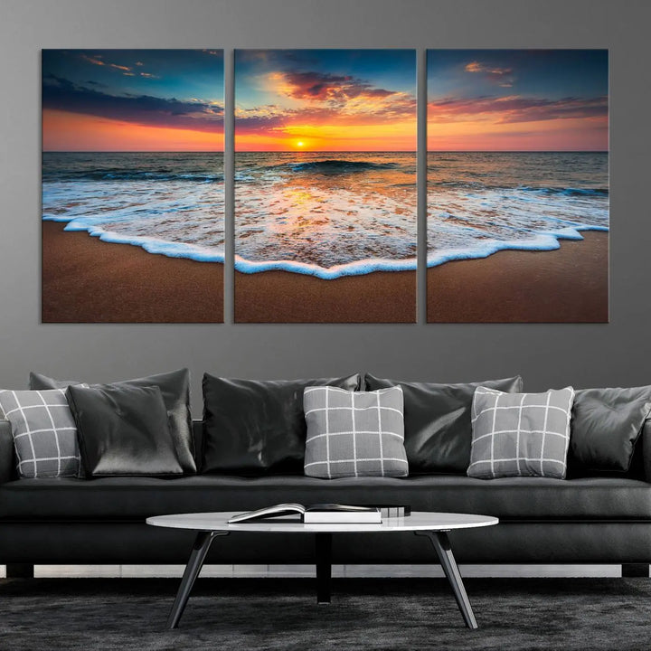 The "Sunset with Calm Waves on the Beach" wall art canvas print, featuring a colorful sunset over the ocean and designed with a UV-protective coating for museum-quality preservation, is prominently displayed.