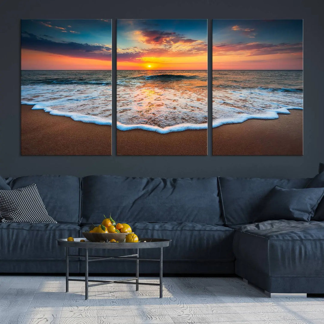 The "Sunset with Calm Waves on the Beach" wall art canvas print, featuring a colorful sunset over the ocean and designed with a UV-protective coating for museum-quality preservation, is prominently displayed.