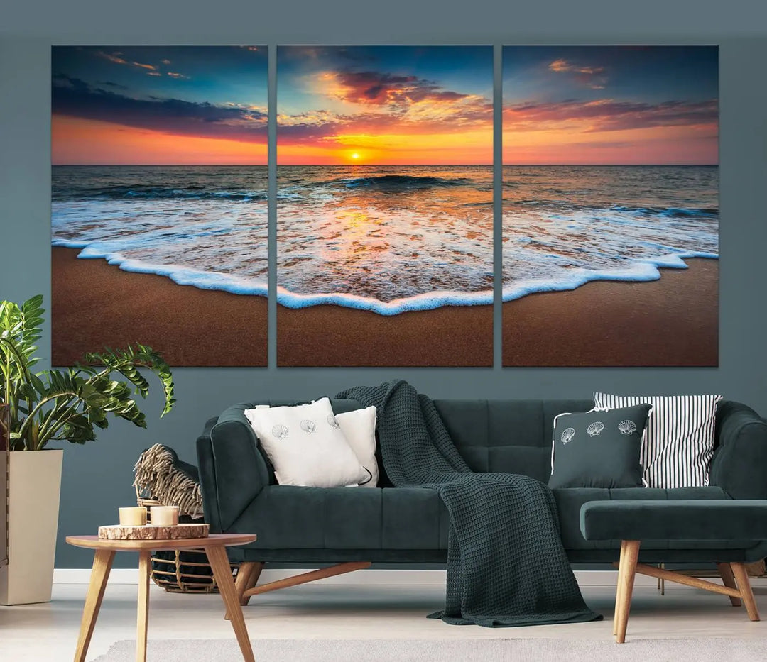 The "Sunset with Calm Waves on the Beach" wall art canvas print, featuring a colorful sunset over the ocean and designed with a UV-protective coating for museum-quality preservation, is prominently displayed.