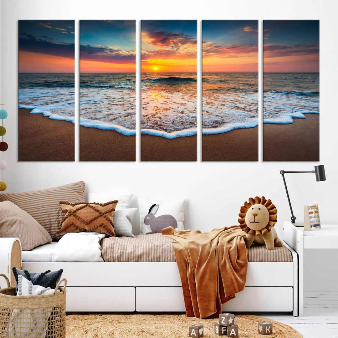 The "Sunset with Calm Waves on the Beach" wall art canvas print, featuring a colorful sunset over the ocean and designed with a UV-protective coating for museum-quality preservation, is prominently displayed.