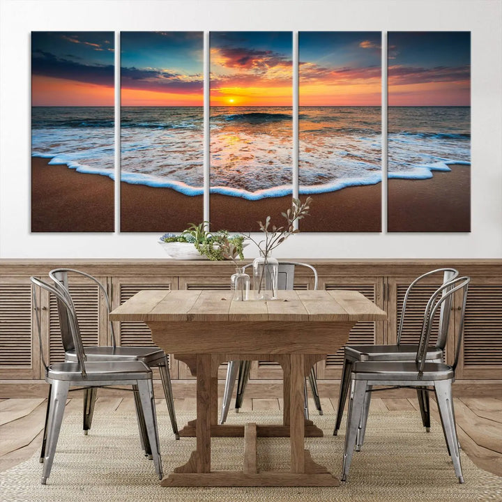 The "Sunset with Calm Waves on the Beach" wall art canvas print, featuring a colorful sunset over the ocean and designed with a UV-protective coating for museum-quality preservation, is prominently displayed.