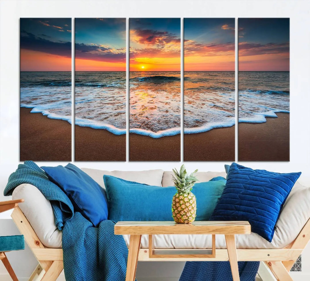 The "Sunset with Calm Waves on the Beach" wall art canvas print, featuring a colorful sunset over the ocean and designed with a UV-protective coating for museum-quality preservation, is prominently displayed.