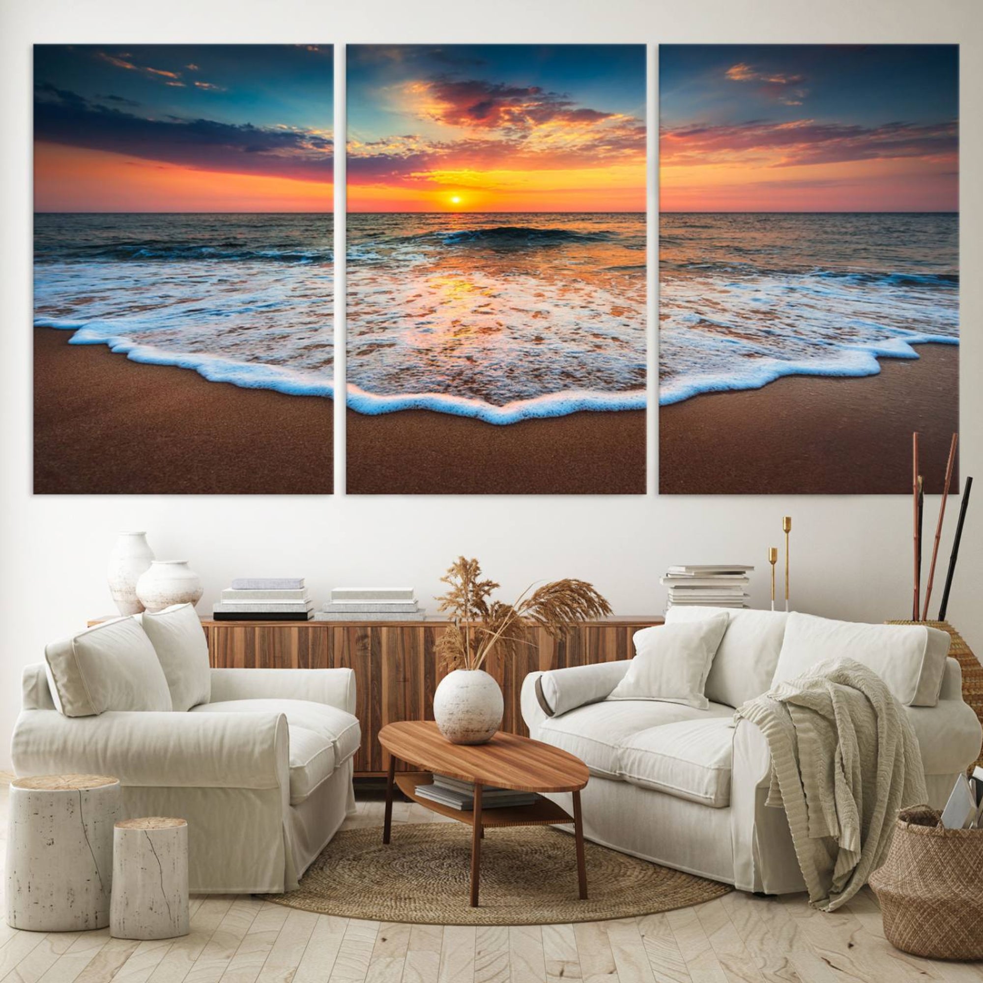 87032-MGV-CV-60X30-3P-Sunset with Calm Waves on the Beach Wall Art Canvas Print