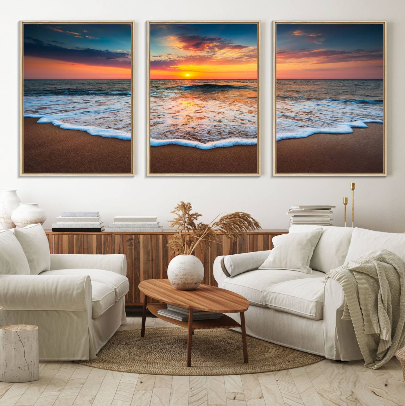 87032-MGV-FC-60X30-3P_Natural-Sunset with Calm Waves on the Beach Wall Art Canvas Print