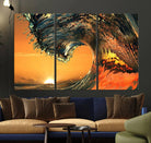 96977-MGV-CV-36X24-Surf Wave Sunset Canvas Wall Art Print, 3-Panel Ocean Coastal Wall Art Print, Ocean Decor for Coastal Homes, Living Room, Farmhouse Wall