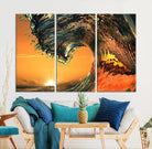 96977-MGV-CV-36X24-Surf Wave Sunset Canvas Wall Art Print, 3-Panel Ocean Coastal Wall Art Print, Ocean Decor for Coastal Homes, Living Room, Farmhouse Wall