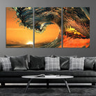 96977-MGV-CV-36X24-Surf Wave Sunset Canvas Wall Art Print, 3-Panel Ocean Coastal Wall Art Print, Ocean Decor for Coastal Homes, Living Room, Farmhouse Wall