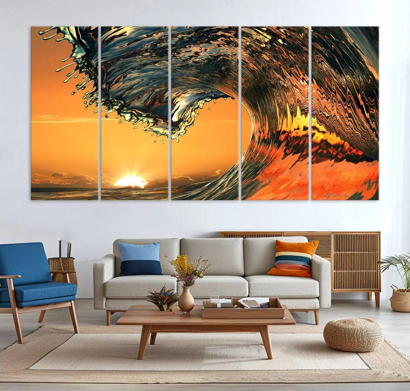 96977-MGV-CV-36X24-Surf Wave Sunset Canvas Wall Art Print, 3-Panel Ocean Coastal Wall Art Print, Ocean Decor for Coastal Homes, Living Room, Farmhouse Wall