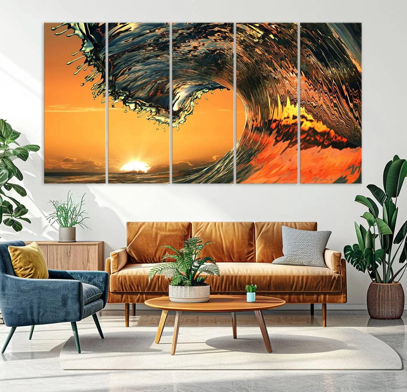 96977-MGV-CV-36X24-Surf Wave Sunset Canvas Wall Art Print, 3-Panel Ocean Coastal Wall Art Print, Ocean Decor for Coastal Homes, Living Room, Farmhouse Wall