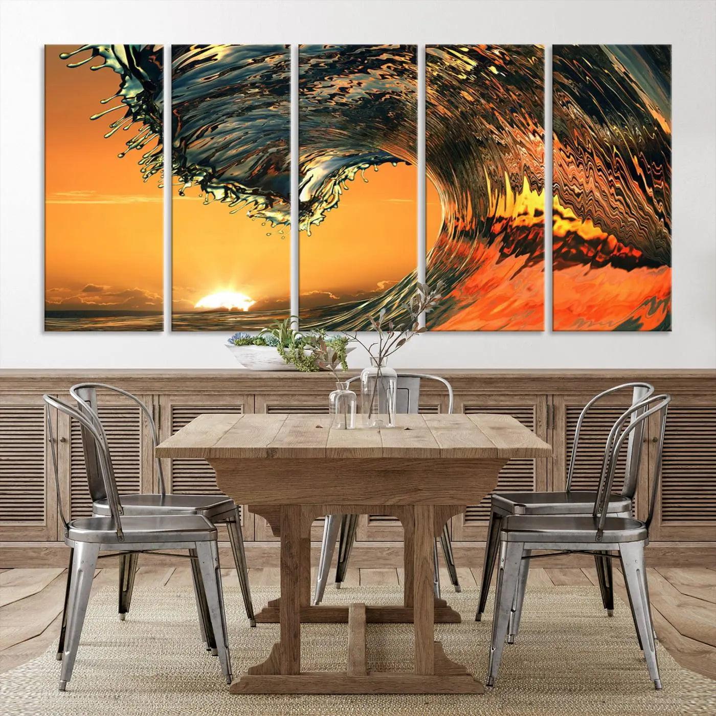 96977-MGV-CV-36X24-Surf Wave Sunset Canvas Wall Art Print, 3-Panel Ocean Coastal Wall Art Print, Ocean Decor for Coastal Homes, Living Room, Farmhouse Wall