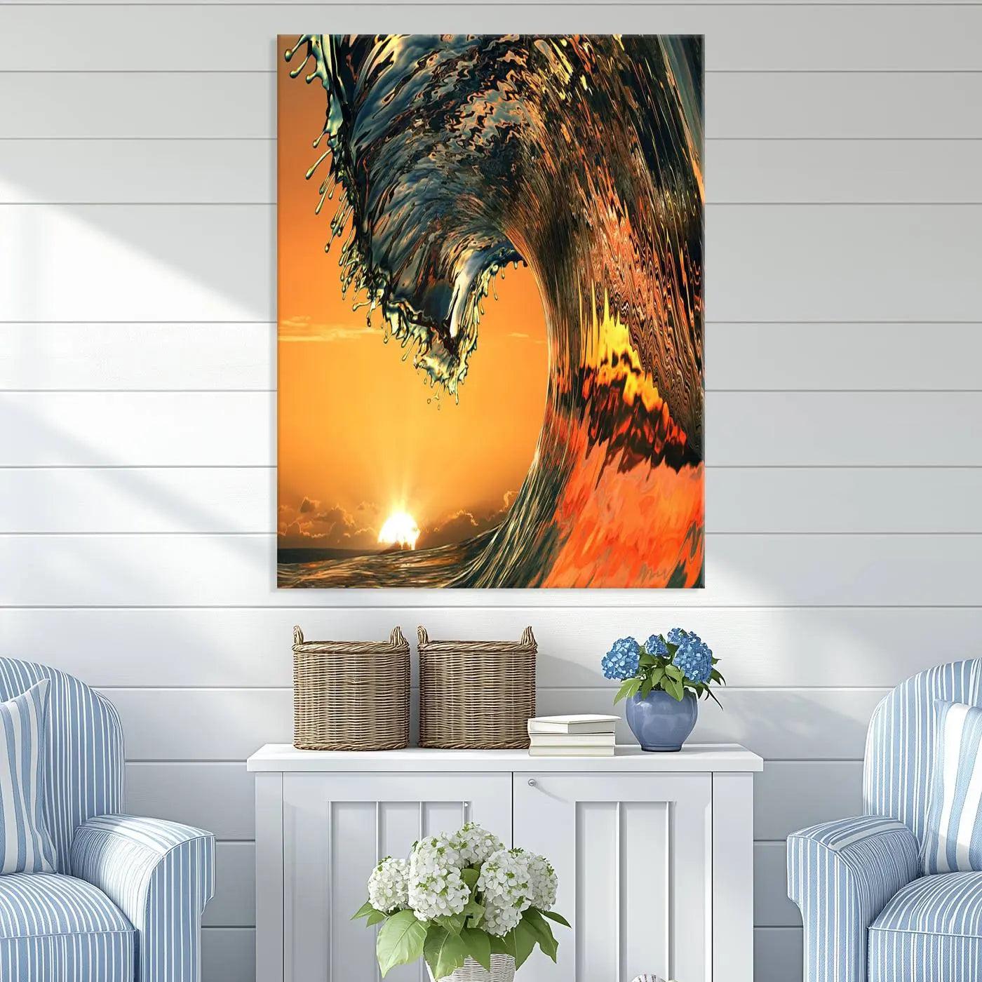96977-MGV-CV-36X24-Surf Wave Sunset Canvas Wall Art Print, 3-Panel Ocean Coastal Wall Art Print, Ocean Decor for Coastal Homes, Living Room, Farmhouse Wall
