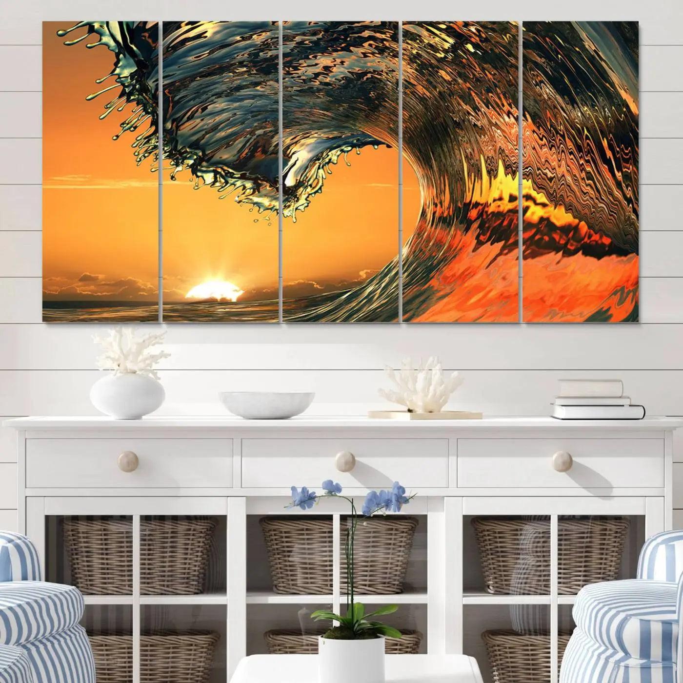 96977-MGV-CV-60X31-5P-Surf Wave Sunset Canvas Wall Art Print, 3-Panel Ocean Coastal Wall Art Print, Ocean Decor for Coastal Homes, Living Room, Farmhouse Wall