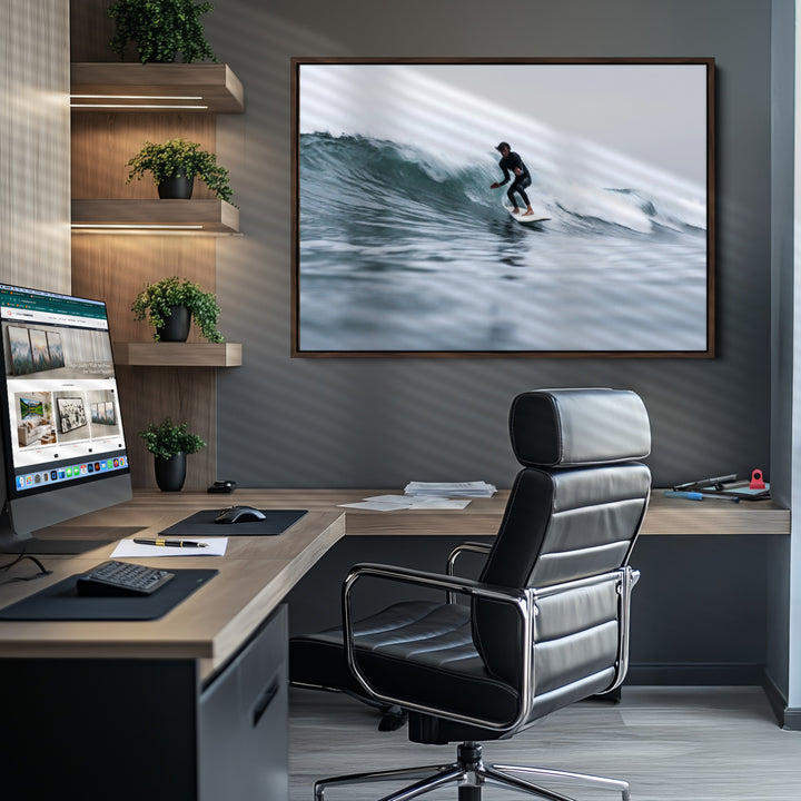 Surfer on Wave Wall Art Canvas Print, Ocean Adventure Print, Framed Motion Blur Water Art Print, Large Deep Blue Surf Printing