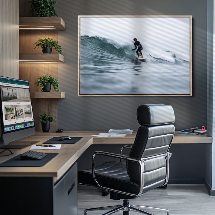 Surfer on Wave Wall Art Canvas Print, Ocean Adventure Print, Framed Motion Blur Water Art Print, Large Deep Blue Surf Printing