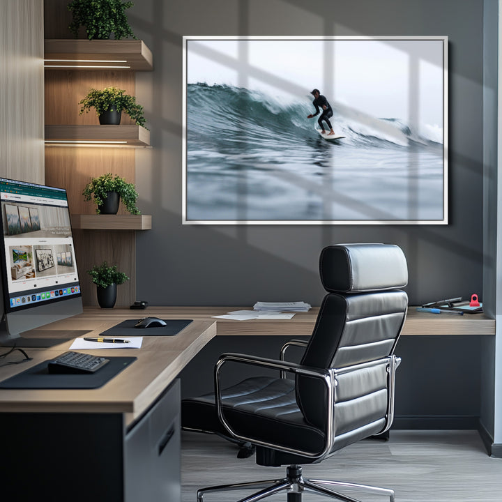 Surfer on Wave Wall Art Canvas Print, Ocean Adventure Print, Framed Motion Blur Water Art Print, Large Deep Blue Surf Printing