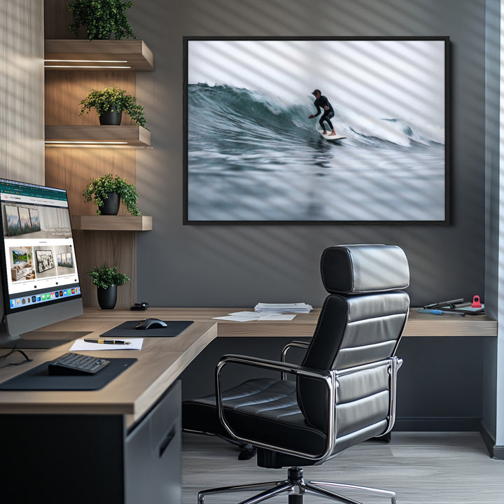 Surfer on Wave Wall Art Canvas Print, Ocean Adventure Print, Framed Motion Blur Water Art Print, Large Deep Blue Surf Printing