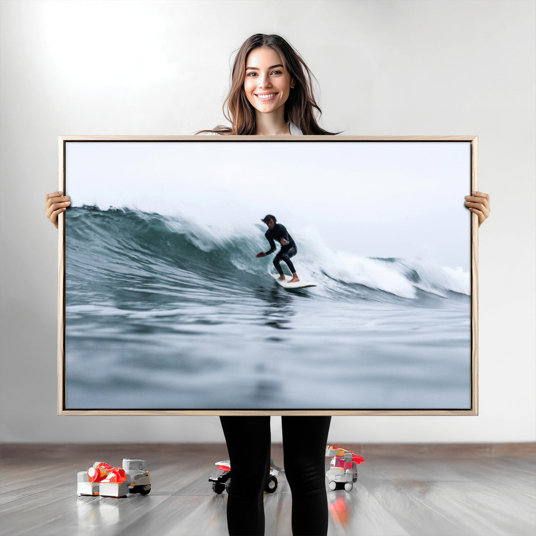 Surfer on Wave Wall Art Canvas Print, Ocean Adventure Print, Framed Motion Blur Water Art Print, Large Deep Blue Surf Printing