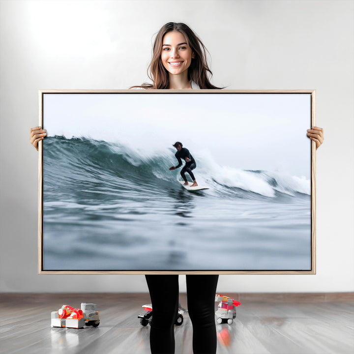 Surfer on Wave Wall Art Canvas Print, Ocean Adventure Print, Framed Motion Blur Water Art Print, Large Deep Blue Surf Printing