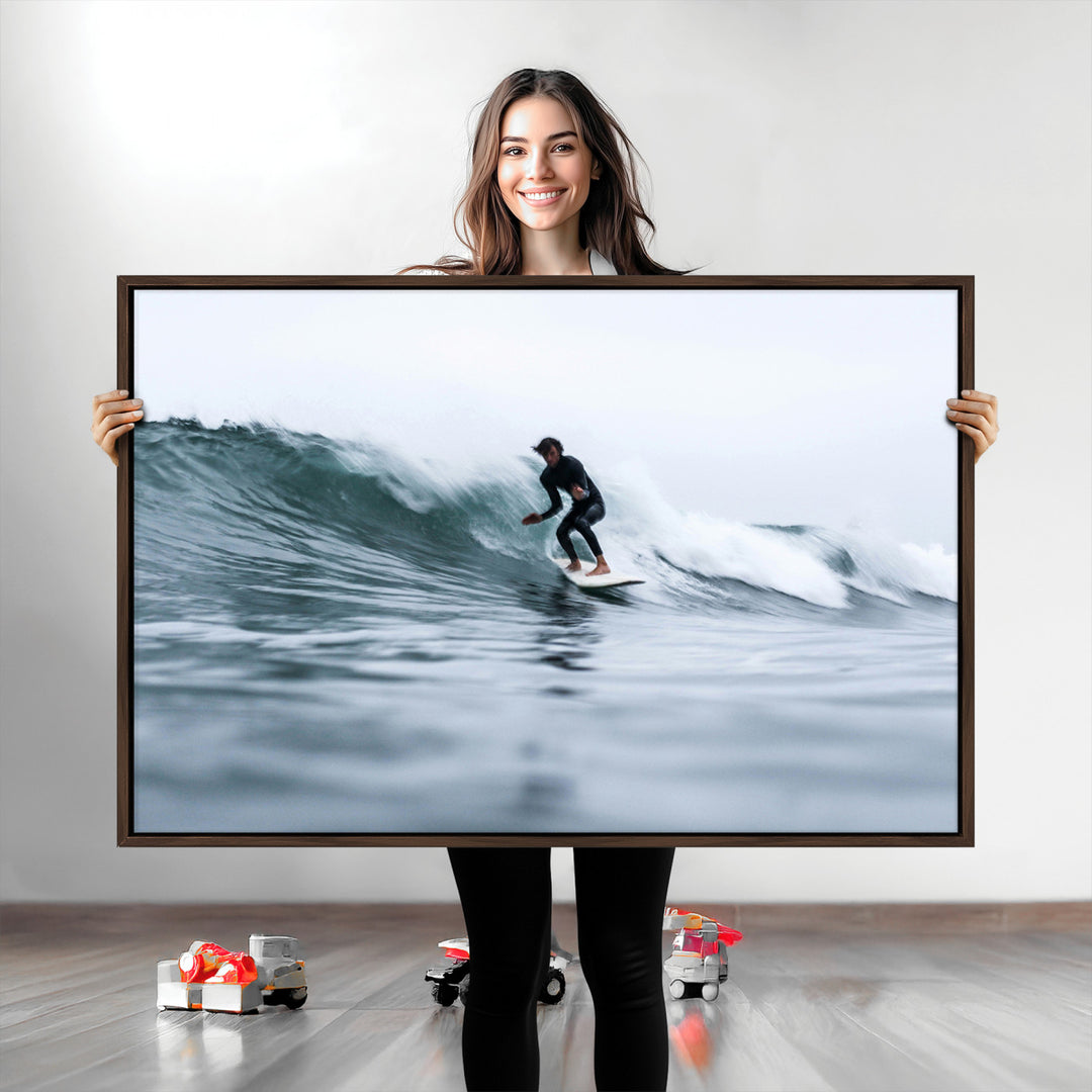 Surfer on Wave Wall Art Canvas Print, Ocean Adventure Print, Framed Motion Blur Water Art Print, Large Deep Blue Surf Printing