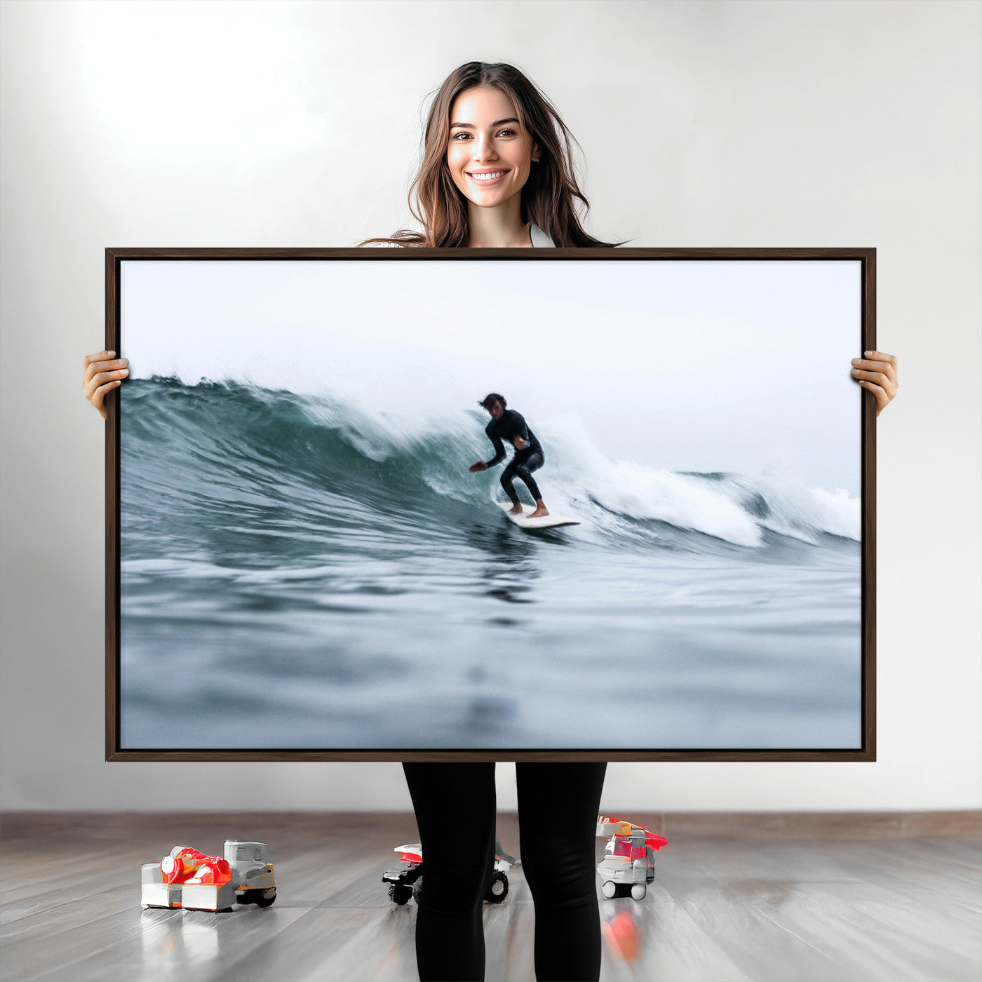 Surfer on Wave Wall Art Canvas Print, Ocean Adventure Print, Framed Motion Blur Water Art Print, Large Deep Blue Surf Printing