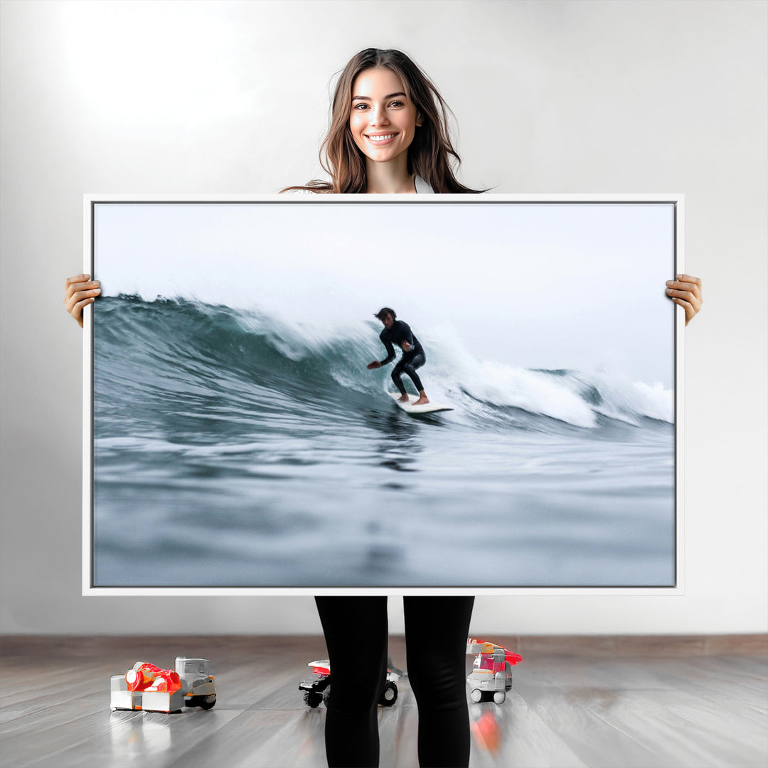 Surfer on Wave Wall Art Canvas Print, Ocean Adventure Print, Framed Motion Blur Water Art Print, Large Deep Blue Surf Printing